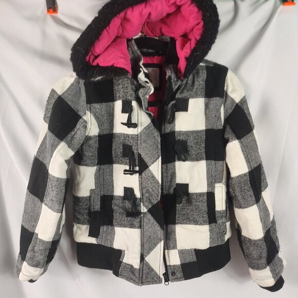 Justice Girls Hooded Heavyweight Coat Black/White Checkered Size 8/10 - Picture 1 of 9